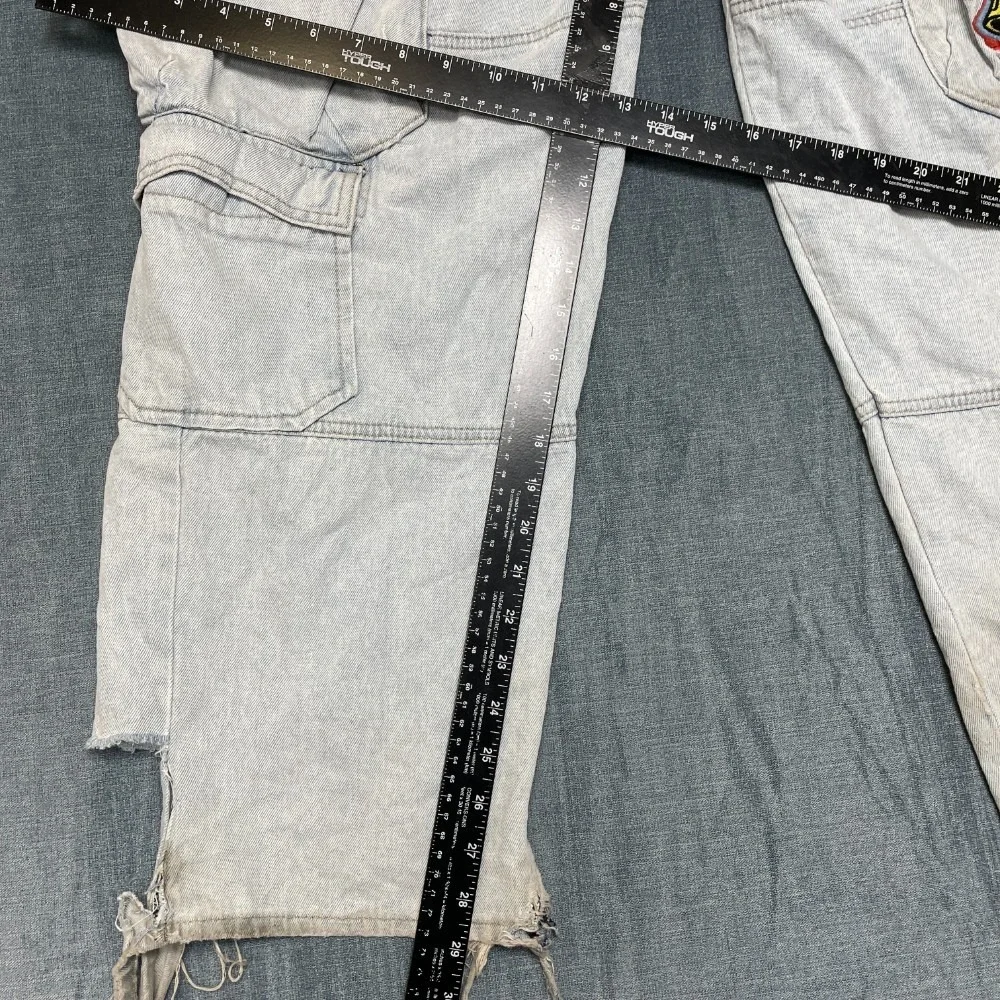 Empyre Loose Fit Cargo Jeans Mens 32 Blue Denim Flat Front Pockets Embroidered